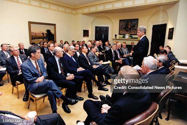 President Bill Clinton speaks with the bipartisan Congressional leadership in the White House's Roosevelt Room, Washington DC, October 7, 1993....