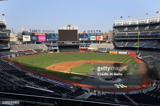 General view of an empty Yankee Stadium is shown as the game between the New York Yankees vs the Toronto Blue Jays has been cancelled due to...