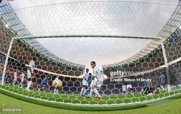 Franck Ribery and Fabien Barthez of France looks on after Marco Materazzi of Italy scores a goal during the World Cup Final between France and Italy...