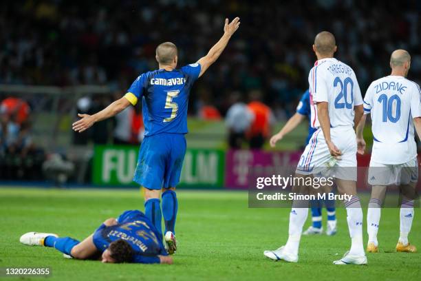 Fabio Cannavaro of Italy calls to the referee after the incident involving Zinedine Zidane of France and Marco Materazzi of Italy during the World...