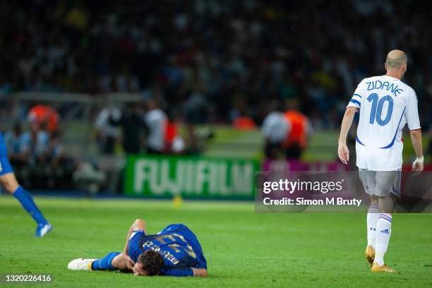 Zinedine Zidane of France walks away after headbutting Marco Materazzi of Italy during the World Cup Final match between France and Italy . Italy...