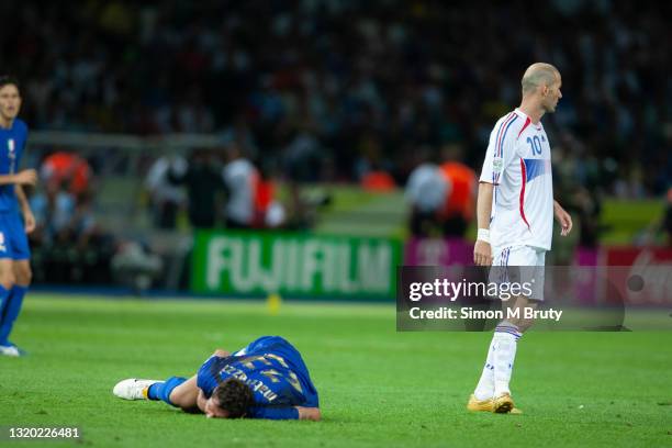 Zinedine Zidane of France walks away after headbutting Marco Materazzi of Italy during the World Cup Final match between France and Italy . Italy...