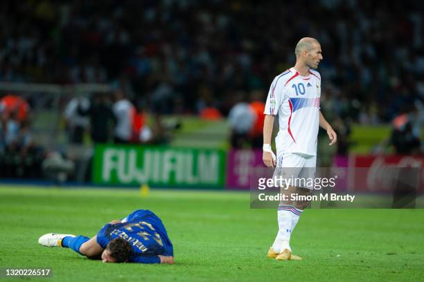 Zinedine Zidane of France walks away after headbutting Marco Materazzi of Italy during the World Cup Final match between France and Italy . Italy...