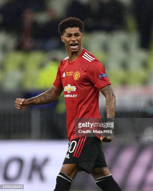 Marcus Rashford of Manchester United celebrates scoring their team's fourth penalty in the penalty shoot out during the UEFA Europa League Final...