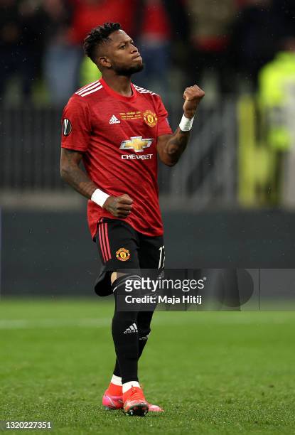 Fred of Manchester United celebrates as they score their team's sixth penalty in the penalty shoot out during the UEFA Europa League Final between...