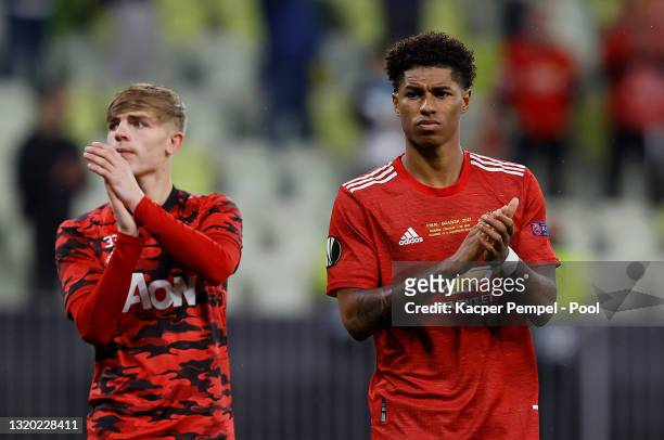 Brandon WIlliams and Marcus Rashford of Manchester United react following the UEFA Europa League Final between Villarreal CF and Manchester United at...