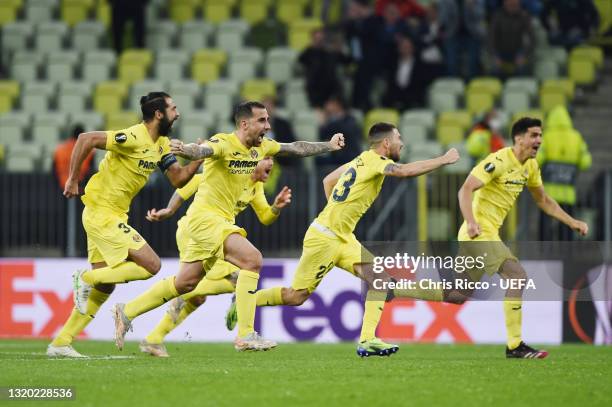 Paco Alcacer of Villarreal CF celebrates their side's victory after the UEFA Europa League Final between Villarreal CF and Manchester United at...