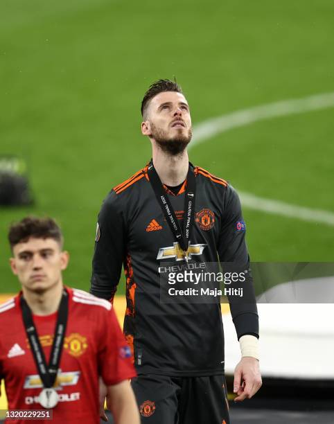 David De Gea of Manchester United looks up to the sky dejected following the UEFA Europa League Final between Villarreal CF and Manchester United at...