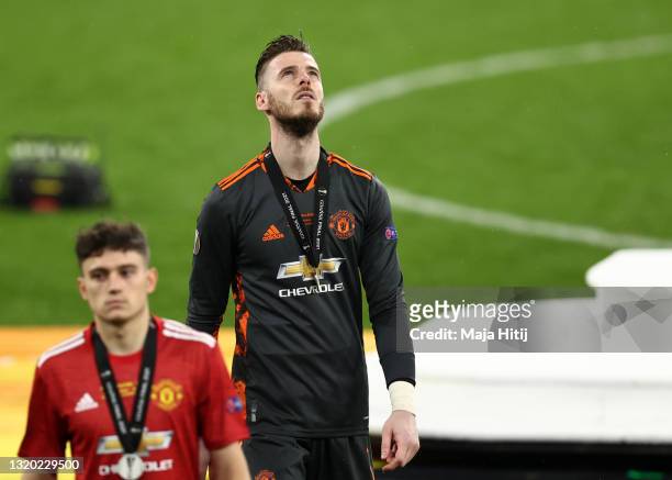 David de Gea of Manchester United cuts a dejected figure following the UEFA Europa League Final between Villarreal CF and Manchester United at Gdansk...