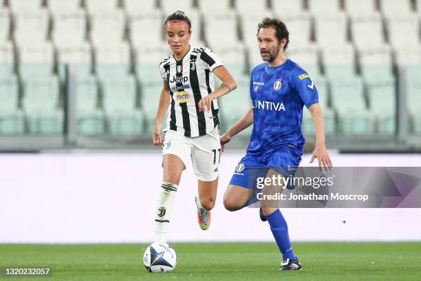 Barbara Bonansea of Juventus takes on Italian Singer of the band Subsonica, writer and Television host Boosta during the 30th 'Partita Del Cuore'...