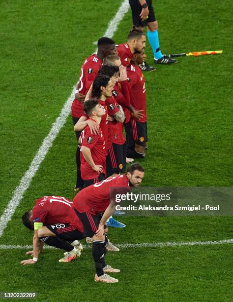 Players of Manchester United led by Juan Mata cuts a dejected figure during the UEFA Europa League Final between Villarreal CF and Manchester United...