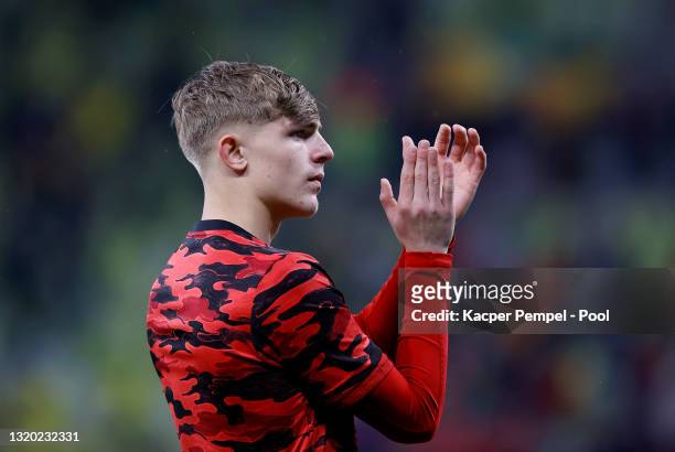 Brandon Williams of Manchester United looks on following the UEFA Europa League Final between Villarreal CF and Manchester United at Gdansk Arena on...