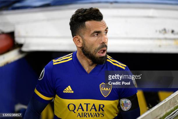 Carlos Tevez of Boca Juniors enters the pitch prior to a group C match of Copa CONMEBOL Libertadores 2021 between Boca Juniors and The Strongest at...