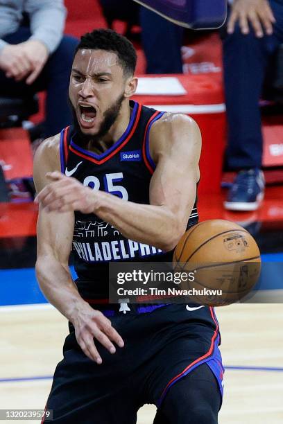 Ben Simmons of the Philadelphia 76ers celebrates a dunk during the first quarter against the Washington Wizards during Game Two of the Eastern...