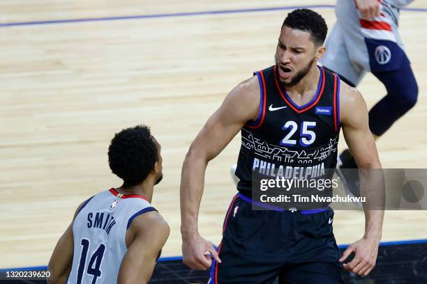 Ben Simmons of the Philadelphia 76ers celebrates a dunk during the first quarter against the Washington Wizards during Game Two of the Eastern...