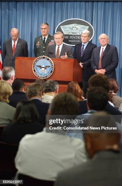 Defense Secretary Donald Rumsfeld speaks during a press conference in the Pentagon briefing room, Washington DC, September 11, 2001. Only hours...