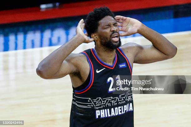 Joel Embiid of the Philadelphia 76ers celebrates during the third quarter against the Washington Wizards during Game Two of the Eastern Conference...