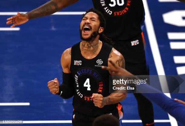 Derrick Rose of the New York Knicks celebrates late in the fourth quarter against the Atlanta Hawks during game two of the Eastern Conference...