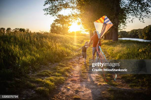 grandfather and boy run with kite in nature - kite flying stock pictures, royalty-free photos & images