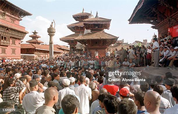 People gather for a rally June 8, 2001 in Durbar Square in Bhaktapur, Nepal where speakers cited conspiracy theories about the massacre of the royal...