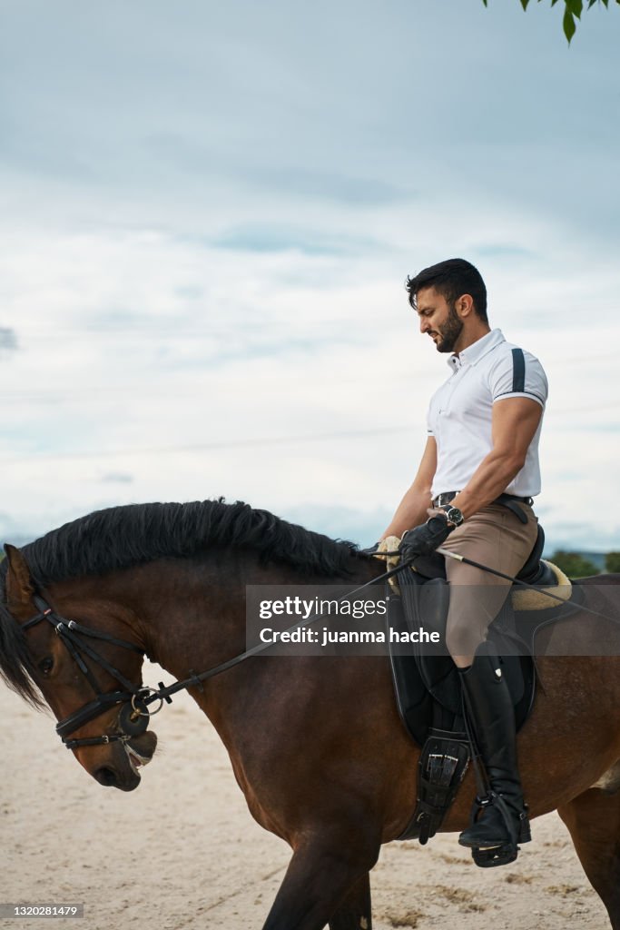 Young man is enjoying horseback riding in nature