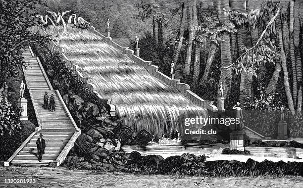 st. petersburg, peterhof, water stairs to the lower park - peterhof grand palace stock illustrations