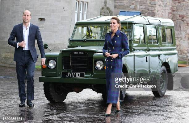 Prince William, Duke of Cambridge and Catherine, Duchess of Cambridge arrive in a Land Rover that previously belonged to Prince Philip, Duke of...