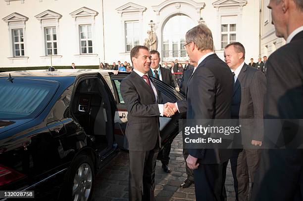 In this photo provided by the German Government Press Office German President Christian Wulff welcomes Russian President Dmitry Medvedev at Bellevue...