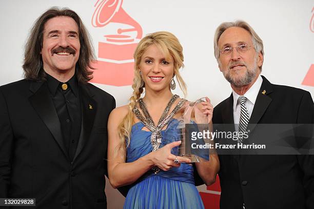 Chairman of the Latin Recording Academy Luis Cobos , Singer Shakira and Recording Academy President/CEO Neil Portnow arrives at the 2011 Latin...