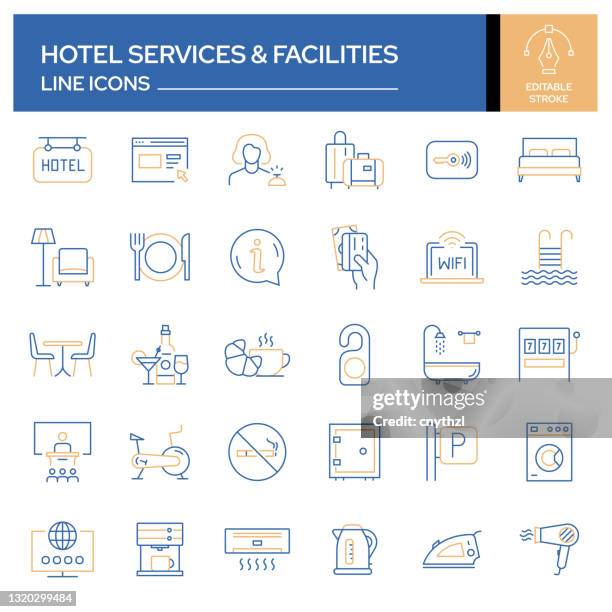 set of hotel services related line icons. outline symbol collection, editable stroke - concierge stock illustrations