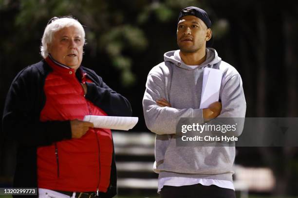 Clive Palmer and Israel Folau talk at Owen Park on May 27, 2021 in Gold Coast, Australia.