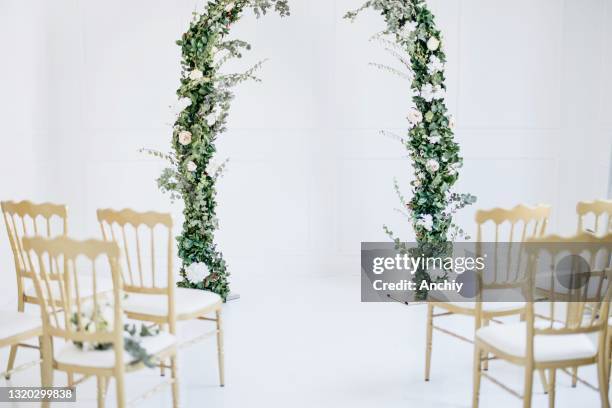 decorated wedding altar and seating - marriage ceremony stock pictures, royalty-free photos & images