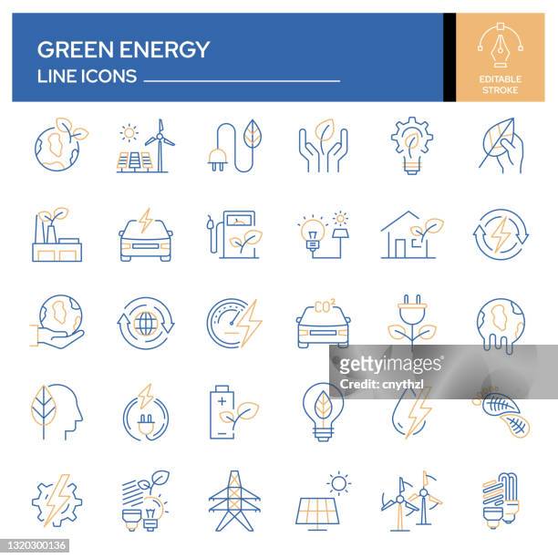 illustrazioni stock, clip art, cartoni animati e icone di tendenza di set di icone di linea relative all'energia verde. insieme outline symbol, tratto modificabile - consumismo