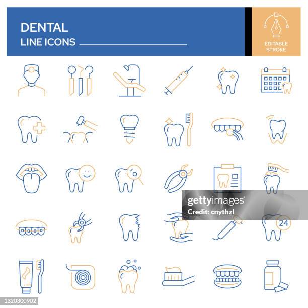 satz von dental related line icons. umrisssymbolsammlung, bearbeitbarer strich - dentista vector stock-grafiken, -clipart, -cartoons und -symbole