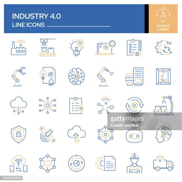 ilustrações de stock, clip art, desenhos animados e ícones de set of industry 4.0 related line icons. outline symbol collection, editable stroke - industry 4 0