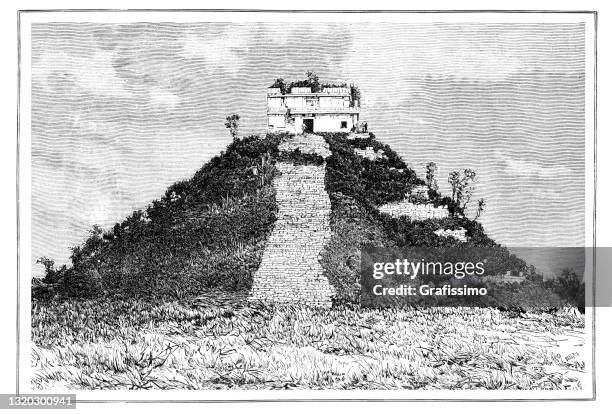 chichen itza kukulcan temple in yucatan mexico 1889 - mayan stock illustrations