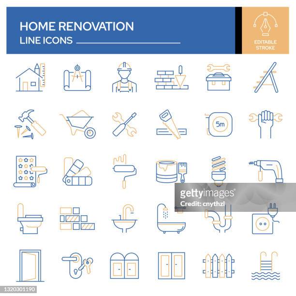 ilustrações, clipart, desenhos animados e ícones de conjunto de ícones de linha relacionadas à renovação e reparo de casas. coleção de símbolos de contorno, traçado editável - equipamento de construção