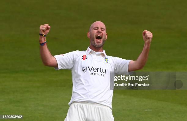 Durham bowler Chris Rushworth celebrates after taking the wicket of Essex batsman Alastair Cook during day one of the LV= Insurance County...