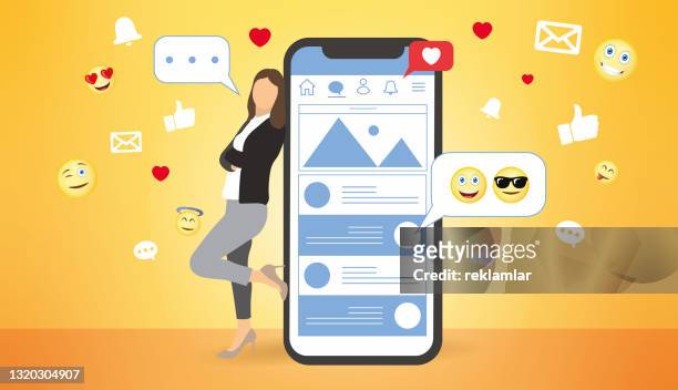 young woman standing near big smartphone and using smartphones, sending messages to friends. flat vector concept illustration of smartphone usability on yellow background, mobile device template. app presentation - online dating stock illustrations