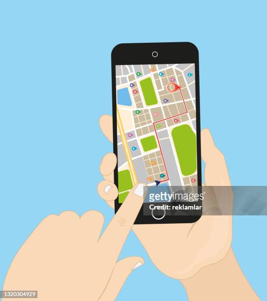 smartphone with navigation, flat isometric hand holding smartphone with pinpoint on the map application - global positioning system stock illustrations