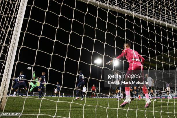 Adam Federici of the Bulls attempts an overhead kick from a corner during the A-League match between Macarthur FC and the Central Coast Mariners at...