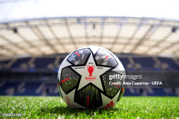 The Adidas Official UEFA Champions League Match Ball is seen ahead of the UEFA Champions League Final between Manchester City and Chelsea FC at...