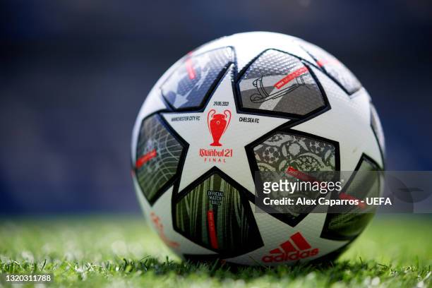 The Adidas Official UEFA Champions League Match Ball is seen ahead of the UEFA Champions League Final between Manchester City and Chelsea FC at...
