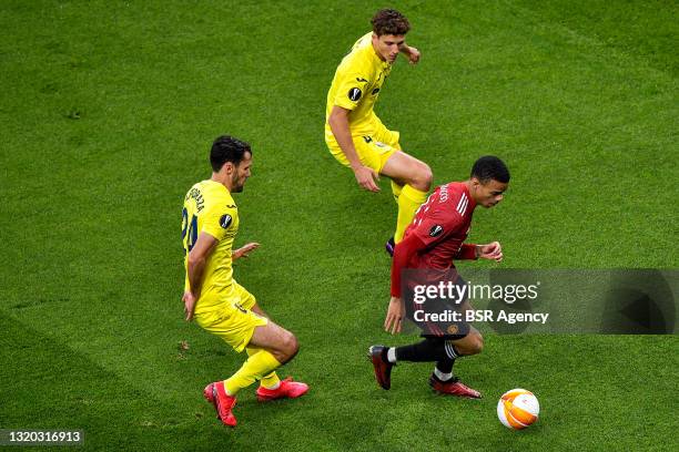 Mason Greenwood of Manchester United, Pau Torres of Villarreal CF and Pedraza of Villarreal CF during the UEFA Europa League Final match between...