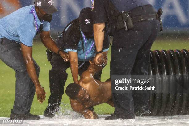 Nude streaker is pulled from the infield tarp roller tube by law enforcement and security during a rain delay between the Cincinnati Reds and against...