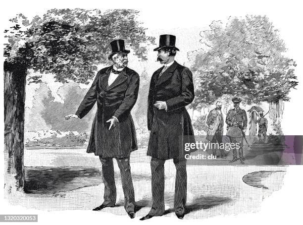 minister of state giers and count herbert von bismarck in peterhof park - peterhof grand palace stock illustrations