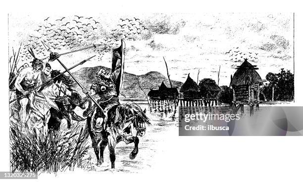 antique illustration of horse, knight and cavalry: barbarians - attila the hun stock illustrations