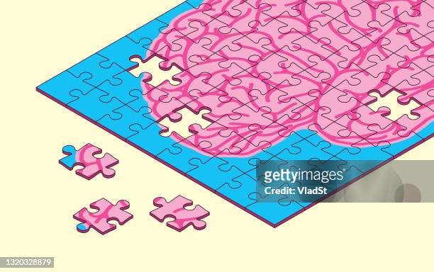 ilustraciones, imágenes clip art, dibujos animados e iconos de stock de puzzle piezas daño cerebral alzheimer's memory pérdida inteligencia aprendizaje discapacidad juegos mentales - juego de piezas