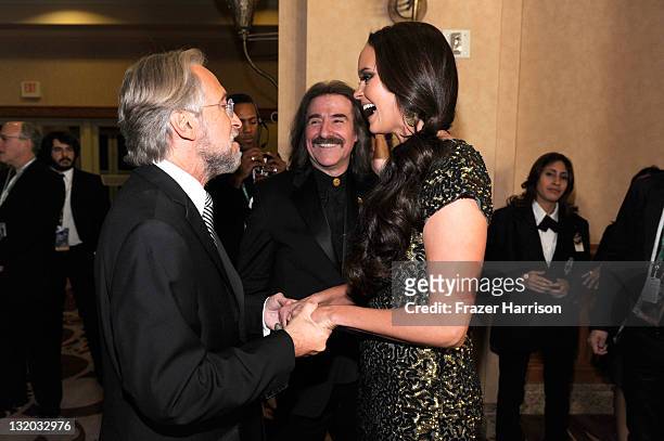 Recording Academy President/CEO Neil Portnow, Chairman of the Latin Recording Academy Luis Cobos, and actress Shaila Durcal attend the 2011 Latin...