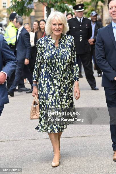 Camilla, Duchess of Cornwall during a visit to Clapham old town with Prince Charles, Prince of Wales on May 27, 2021 in Clapham, England.